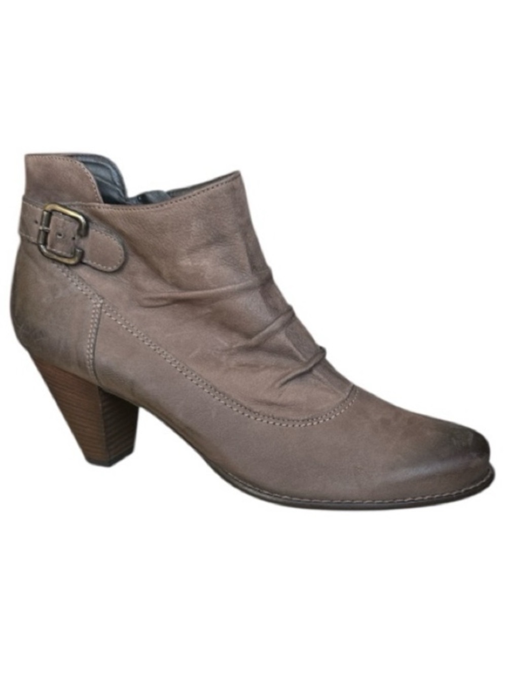 Paul Green Pleated Brown Taupe Nubuck Leather Brass Buckle Ankle Boots Size 9.5